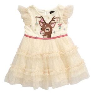 Zunie Girls Ivory Christmas Reindeer Dress Tulle Ruffle Holiday Party NWT